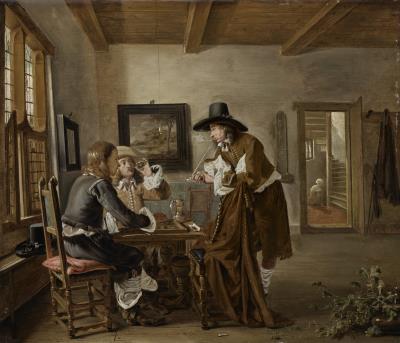 An Interior with Three Men Smoking and Playing Backgammon, a Woman Descending a Staircase Beyond