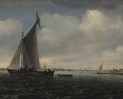 An Estuary Scene with a Small Ship and a Rowing Boat