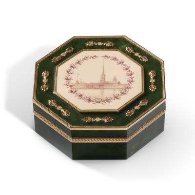 A Rare Guilloché Enamel Gold-Mounted Nephrite Box