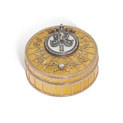 A Rare and Important Jeweled and Guilloché Enamel Two-Color Gold Imperial Presentation Snuff Box