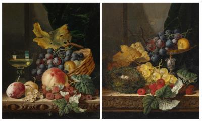 Still life with raspberries, currants, grapes, peaches, and a glass of wine ('Choice dessert'); Still life with raspberries, grapes, a bird's nest, and a tazza