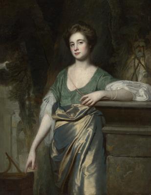 Portrait of a Lady, Traditionally Identified as Miss Mildred Stewart Wright, Three-Quarter Length, Leaning on a Balustrade, Pointing to a Sundial