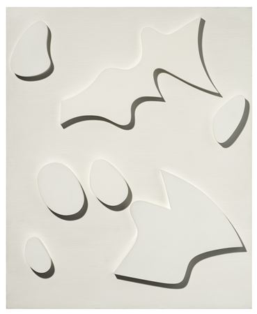 Constellation of seven white shapes on a white background