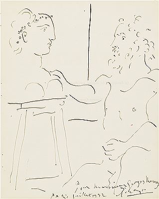 Sculptor with bust of a young girl on a pedestal