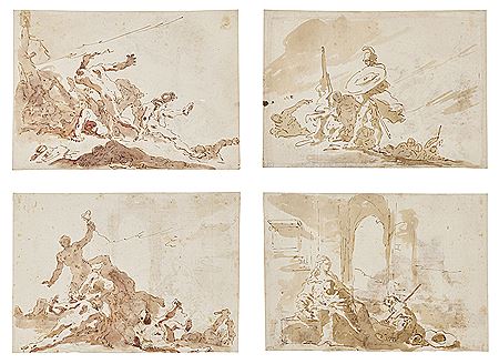 Studies for Figures in Moses and the Bronze Serpent (recto); The Death of Sophonisba (verso); and Studies for Figures in Moses and the Bronze Serpent (recto); The Holy Family (verso)