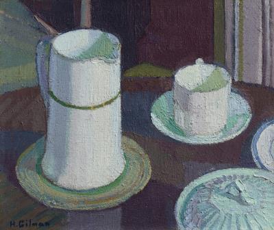 Still life of a white cup, saucer and jug on a table