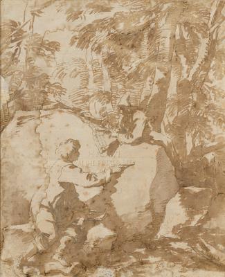 A Young Man Writing on a Stone in a Forest
