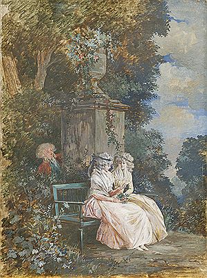 Two women reading a letter, surprised by a man