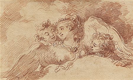 Chimera head surrounded by two boys' heads