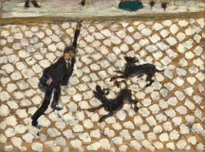 The Street. Man in a Struggle with Two Dogs