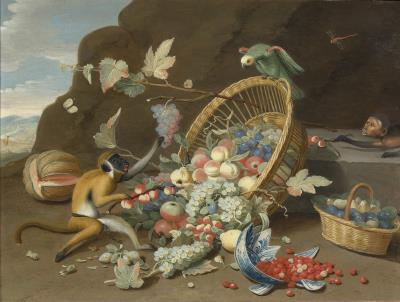 Nature morte au panier et plat de fruits renversés, singes et perroquet   (Still Life with a Fruit Basket, an Overturned Fruit Dish, Monkeys and a Parrot)