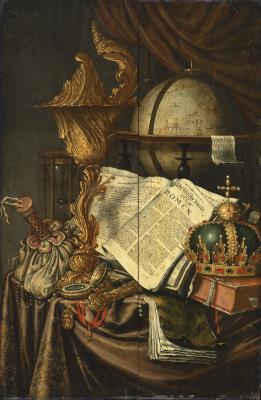 Still Life with a Globe, a Crown and Silverware on a Draped Ledge, with a Copy of the Beschrijvinghe van de stadt Romen Open