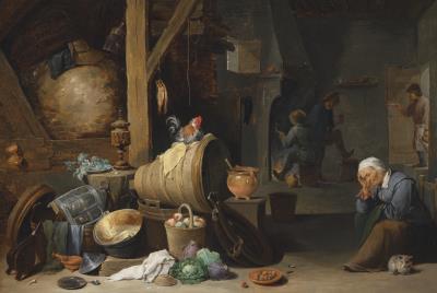 The Interior of a Kitchen with a Large Still Life and an Elderly Woman Asleep
