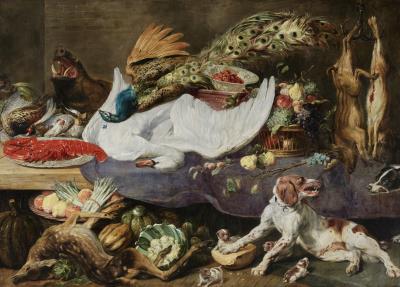 Still Life with a Swan, a Peacock, a Lobster, Fruit and Vegetables on a Partially Laid Table, with a Dog and Her Puppies in the Foreground
