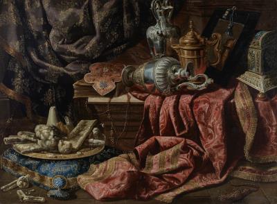 Still Life with Gold and Silver Ewers, a Chest, Sweets and Embroidered Fabrics