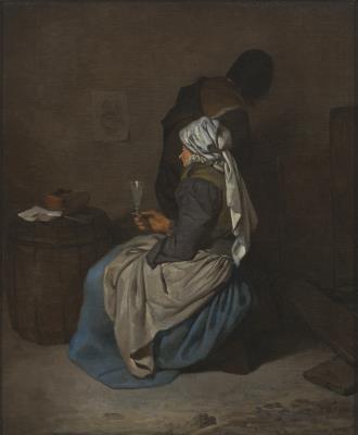 A Seated Woman Holding a Glass Beside a Barrel, with a Man Behind Her