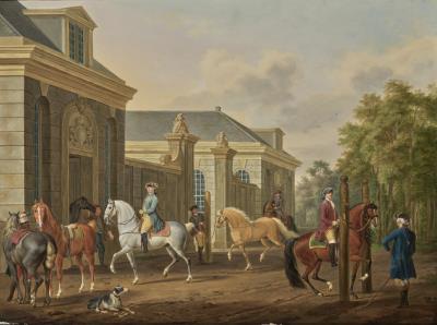 A View of a Stable with Riders and Grooms