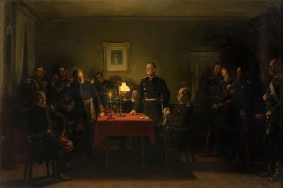 The surrender negotiations in Donchery, 1885 by Anton Von Werner - Auction record, sale price, and art valuation. Compare with similar artists and explore comparable artworks.