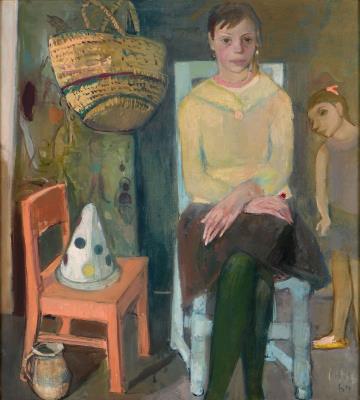 Girl on a blue chair