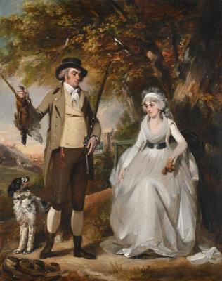 A Double Portrait of a Man and Wife Out Shooting in a Landscape