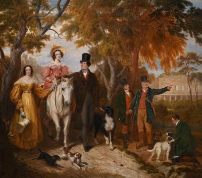 Portrait of Edward Vernon, 4th Baron Suffield with his wife Charlotte Susannah, Lady Suffield, and her sister Georgina Mary, with gamekeepers and dogs, Gunton Park beyond by Ramsay Richard Reinagle - Auction record, sale price, and art valuation. Compare with similar artists and explore comparable artworks.