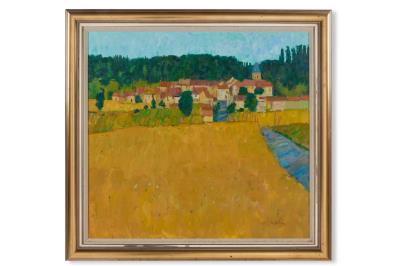 POPPIES IN A CORNFIELD WITH VILLAGE BEYOND