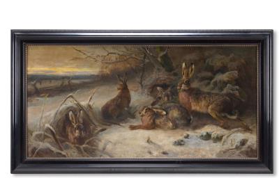 HARES WITH HUNTER APPROACHING, IN A WINTER LANDSCAPE by Anton Weinberger - Auction record, sale price, and art valuation. Compare with similar artists and explore comparable artworks.