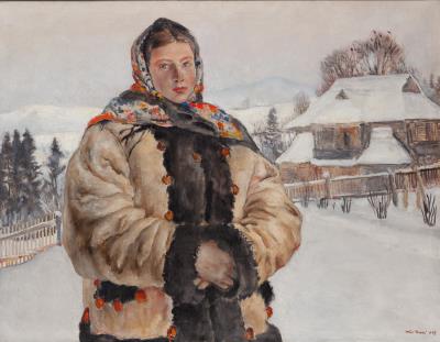 Portrait of Highlander woman on the Background of Mountain Cottage