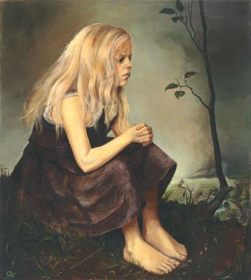 Mädchen in Gewitterlandschaft