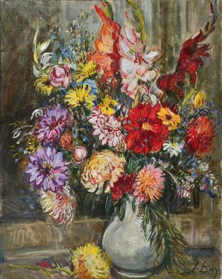 Bouquet of dahlias and gladioli in a vase