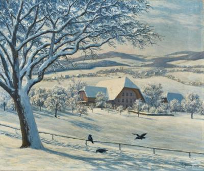 Emmental winter landscape with farm and crows