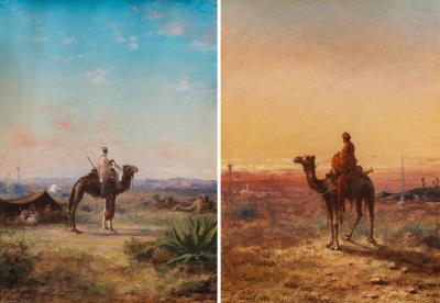 A Bedouin Encampment and A Man Seated on a Camel Outside a Town: Two