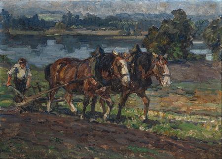 A Farmer and Two Horses Plowing the Field, 1920