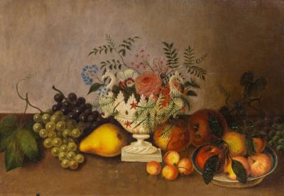 Still Life with Flowers in a White Compote and Fruit