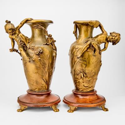 Pair of French Gilt-Bronze Figural Vases