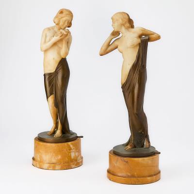 Pair of German Patinated Bronze and Alabaster Figures
