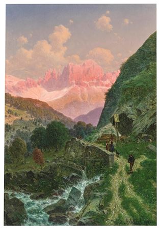 Scene in a mountain valley with view of the Rosengarten Dolomites