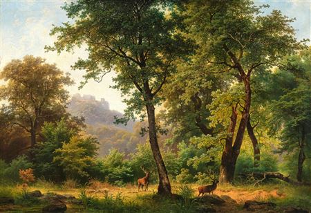 Forest landscape with deer at the foot of the Aggstein ruins (?)
