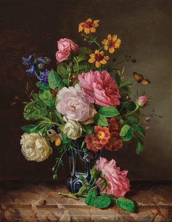 Still life with roses, auricula, hyacinth and grasses in a cut-glass vase
