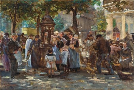 A market in front of a Paris theatre by Dora Hitz - Auction record, sale price, and art valuation. Compare with similar artists and explore comparable artworks.