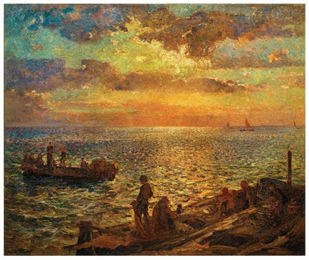 Sunset in the Venetian Lagoon (The evening hour or Evening rest) by Giuseppe (Beppi) Ciardi - Auction record, sale price, and art valuation. Compare with similar artists and explore comparable artworks.