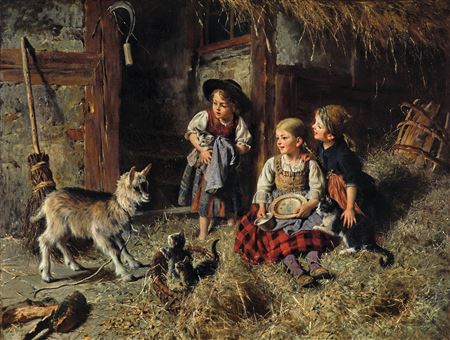 Children and cats in the goat stable
