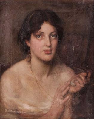 Portrait of a lady holding a pendant