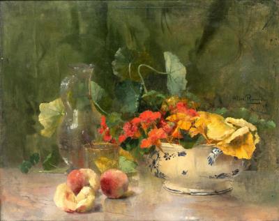 Still life with peaches, glass jug, glass and East Indian cherry in an earthenware tureen by Alice Ronner - Auction record, sale price, and art valuation. Compare with similar artists and explore comparable artworks.