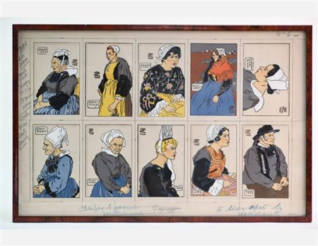 Portraits of Breton men and women in regional costume from the areas of Gouézec, Pontivy, Douarnenez, Ouessant, Cléden-Cap-Sizun, Confort, Plouhinec, Pont-l'Abbé, and Ploaré by Georges Geo-Fourrier - Auction record, sale price, and art valuation. Compare with similar artists and explore comparable artworks.