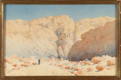 Figures in an arid landscape, likely a view of Bou Saada, Algeria