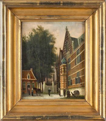 European courtyard scene with horse and figures (possibly Grote Kerk in Edam)