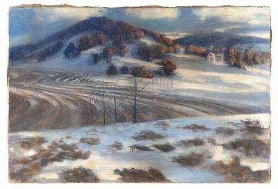 Winter scene of a farmhouse in the foothills.