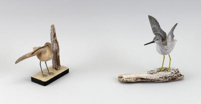 Two miniature shorebirds (a yellowlegs and a curlew)