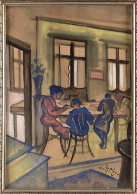 Interior scene with women hunched over a table